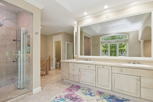 1310 Gavin Ct, Lake Forest, IL 60045 - bathroom with a shower stall, double vanity, crown molding, and recessed lighting
