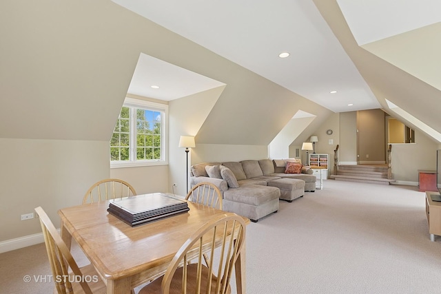 1310 Gavin Ct, Lake Forest, IL 60045 - dining space with light carpet, vaulted ceiling, recessed lighting, and stairs