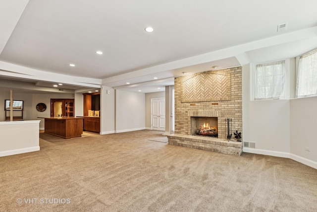 1310 Gavin Ct, Lake Forest, IL 60045 - unfurnished living room with light carpet, a brick fireplace, recessed lighting, and bar