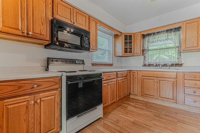 716 Kirkwood Ave, Winthrop Harbor, IL 60096 - kitchen with range with electric cooktop, black microwave, light wood-style floors, light countertops, and glass insert cabinets