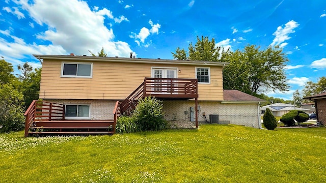 6024 Beechwood Rd, Matteson, IL 60443 - back of property with a wooden deck, brick siding, and a lawn