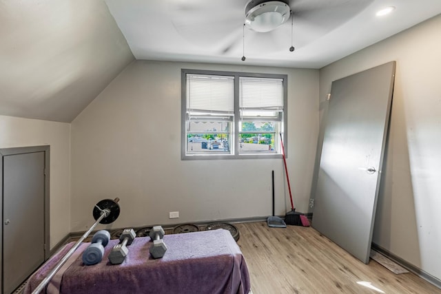 4636 S Keating Ave, Chicago, IL 60632 - bedroom featuring light wood-style floors, vaulted ceiling, and a ceiling fan
