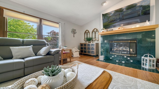 70 Delburne Dr, Davis, IL 61019 - living area with lofted ceiling, wood finished floors, and a tiled fireplace