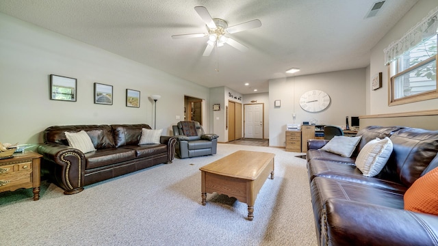 70 Delburne Dr, Davis, IL 61019 - living area featuring light colored carpet, a ceiling fan, and recessed lighting
