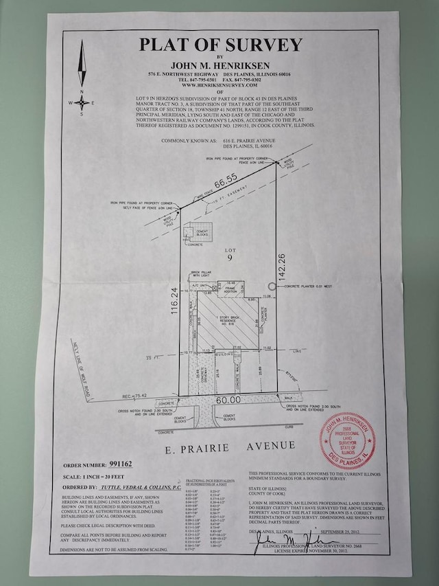 616 E Prairie Ave, Des Plaines, IL 60016 - survey map / technical document
