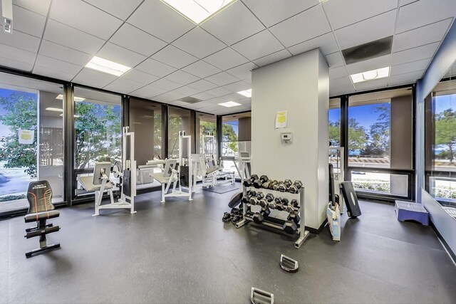 6700 S S Shore Dr Unit 17B, Chicago, IL 60649 - exercise room featuring floor to ceiling windows and a paneled ceiling