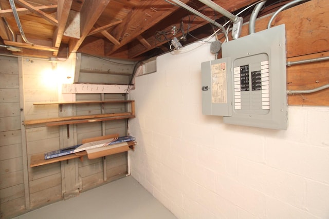 1001 Wilcox St, Joliet, IL 60435 - unfinished basement featuring electric panel and concrete block wall
