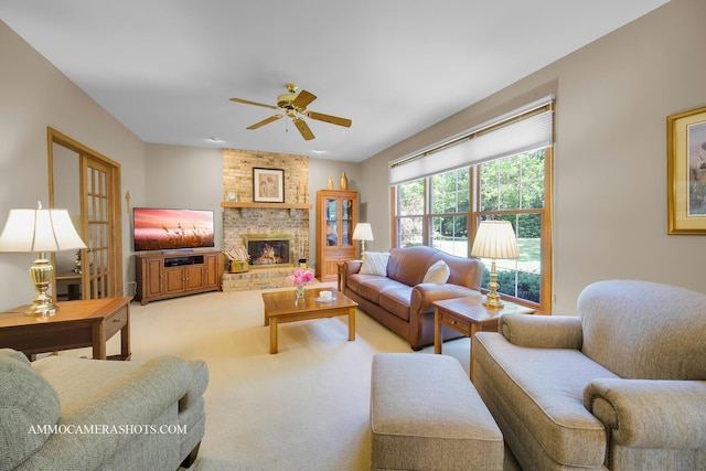 400 Adare Dr, Cary, IL 60013 - living room featuring ceiling fan, light carpet, and a brick fireplace