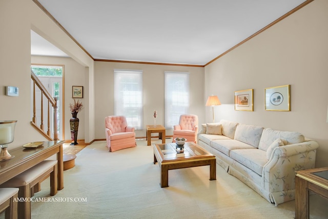 400 Adare Dr, Cary, IL 60013 - living room featuring crown molding, stairway, and light carpet