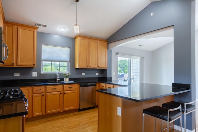 2746 Acorn Ct Unit 2746, West Dundee, IL 60118 - kitchen featuring appliances with stainless steel finishes, a peninsula, lofted ceiling, dark countertops, and light wood-style floors
