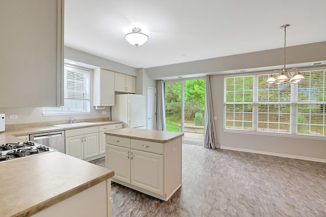 11837 Messiner Dr, Huntley, IL 60142 - kitchen featuring freestanding refrigerator, dishwasher, white cabinets, light countertops, and a chandelier