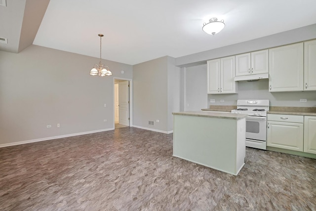 11837 Messiner Dr, Huntley, IL 60142 - kitchen with white range with gas stovetop, a chandelier, light countertops, under cabinet range hood, and white cabinets
