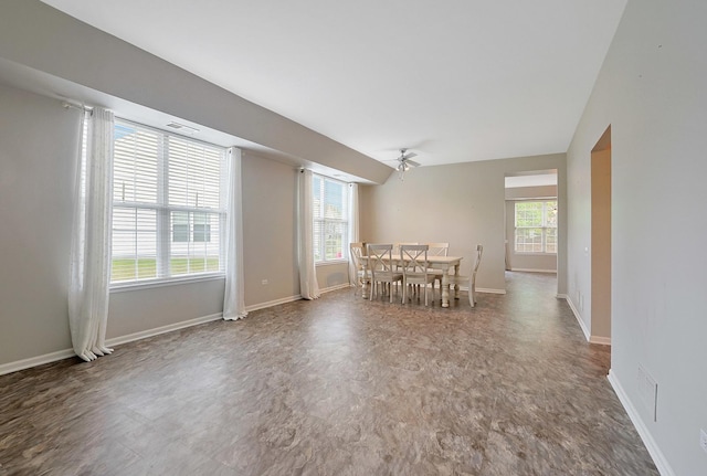 11837 Messiner Dr, Huntley, IL 60142 - dining space featuring ceiling fan and baseboards