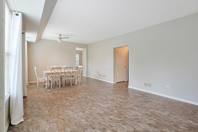 11837 Messiner Dr, Huntley, IL 60142 - dining room featuring ceiling fan and baseboards