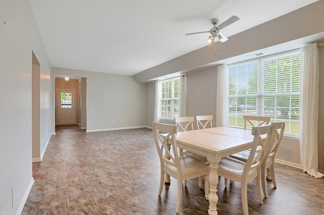 11837 Messiner Dr, Huntley, IL 60142 - dining space featuring a ceiling fan and baseboards