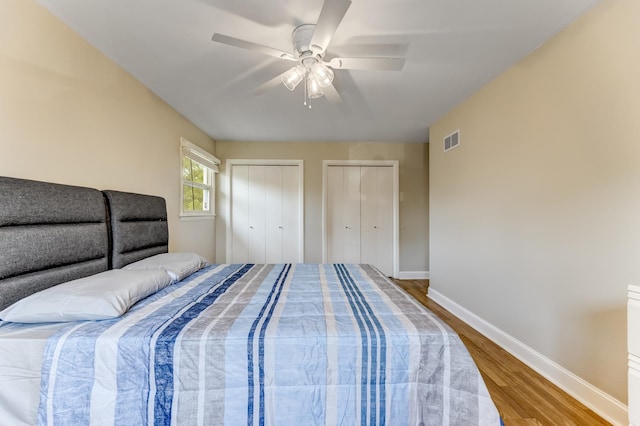 22904 Valley Dr, Richton Park, IL 60471 - bedroom with two closets, wood finished floors, and a ceiling fan
