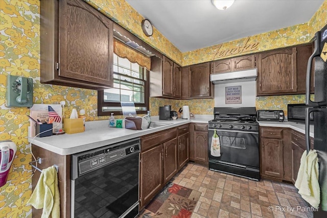 442 Kings Way, Mundelein, IL 60060 - kitchen featuring black appliances, extractor fan, wallpapered walls, light countertops, and decorative backsplash