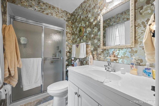 442 Kings Way, Mundelein, IL 60060 - bathroom featuring wallpapered walls, vanity, a stall shower, and tile patterned flooring