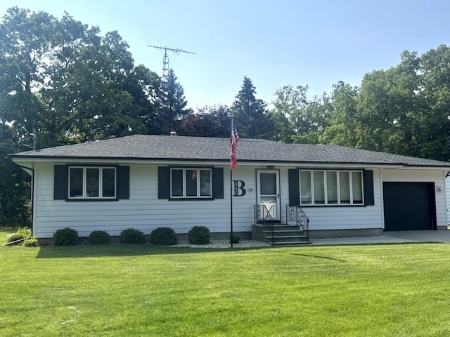 25458 W Knapp St, Channahon, IL 60410 - ranch-style house featuring a garage, a front yard, entry steps, and roof with shingles