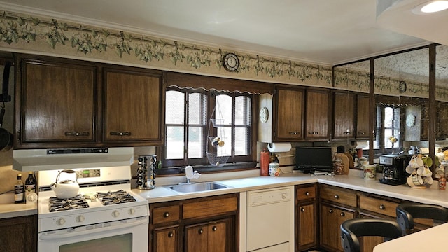 14357 Kenton Ave, Midlothian, IL 60445 - kitchen with white appliances, light countertops, range hood, and dark brown cabinets