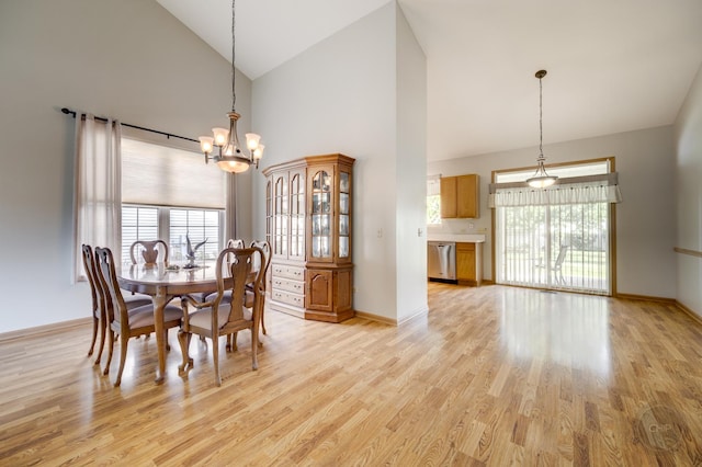 1478 W Flint Ln, Romeoville, IL 60446 - dining room featuring high vaulted ceiling, a chandelier, light wood-style floors, and healthy amount of natural light