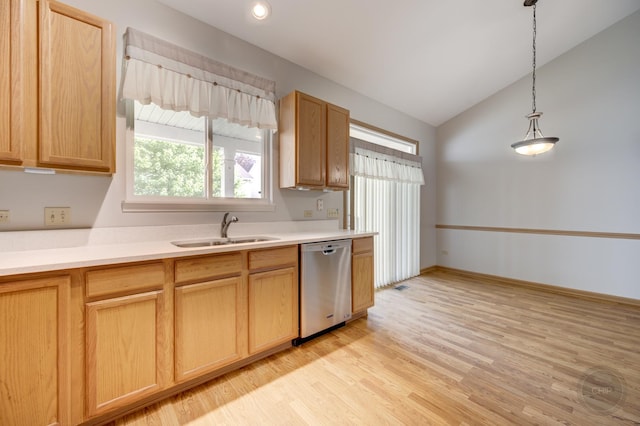 1478 W Flint Ln, Romeoville, IL 60446 - kitchen with stainless steel dishwasher, light wood-style flooring, lofted ceiling, light countertops, and decorative light fixtures