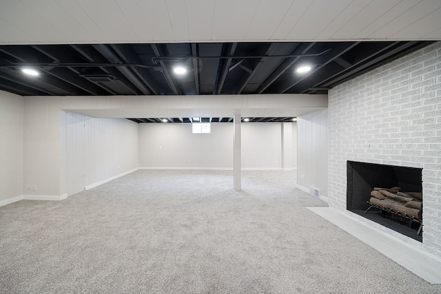 9210 S Mozart Ave, Evergreen Park, IL 60805 - finished below grade area featuring carpet floors and a brick fireplace
