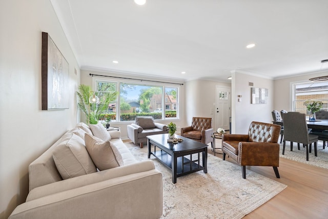 9210 S Mozart Ave, Evergreen Park, IL 60805 - living room with ornamental molding, healthy amount of natural light, light wood-style flooring, and recessed lighting