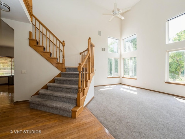 134 S Hankes Rd, Aurora, IL 60506 - stairs with a high ceiling, ceiling fan, and wood finished floors
