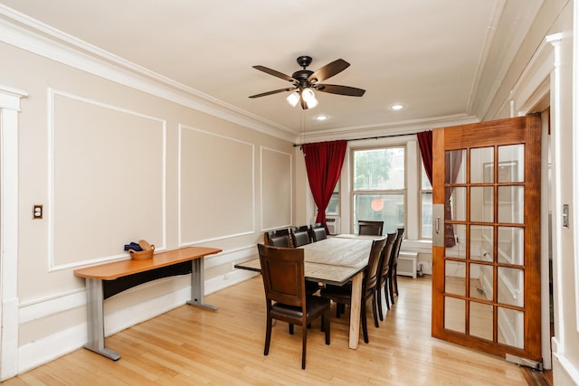 5142 S Greenwood Ave Unit 1, Chicago, IL 60615 - dining room with ornamental molding, a decorative wall, ceiling fan, light wood-style floors, and recessed lighting
