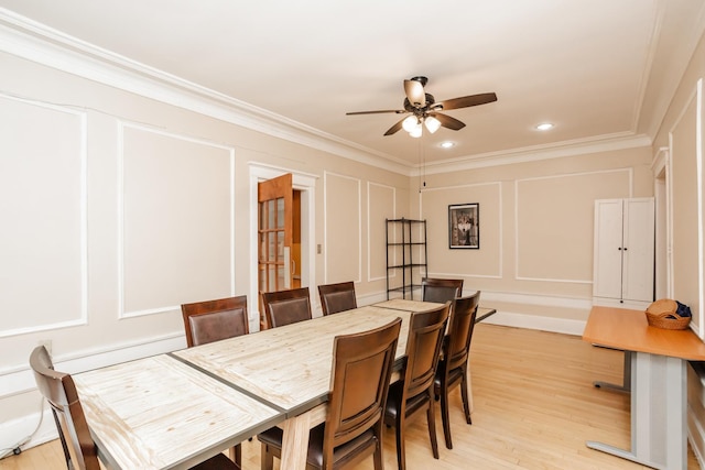 5142 S Greenwood Ave Unit 1, Chicago, IL 60615 - dining area with a decorative wall, crown molding, a ceiling fan, light wood finished floors, and recessed lighting