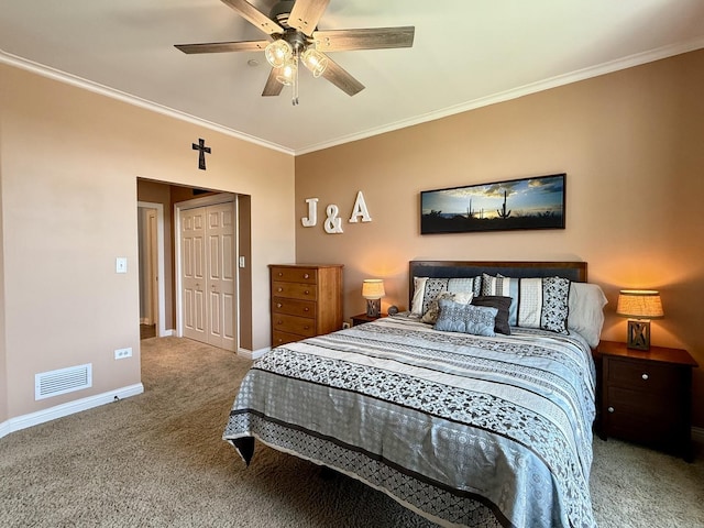 160 S River St Unit 204, Aurora, IL 60506 - carpeted bedroom featuring ornamental molding, ceiling fan, and a closet