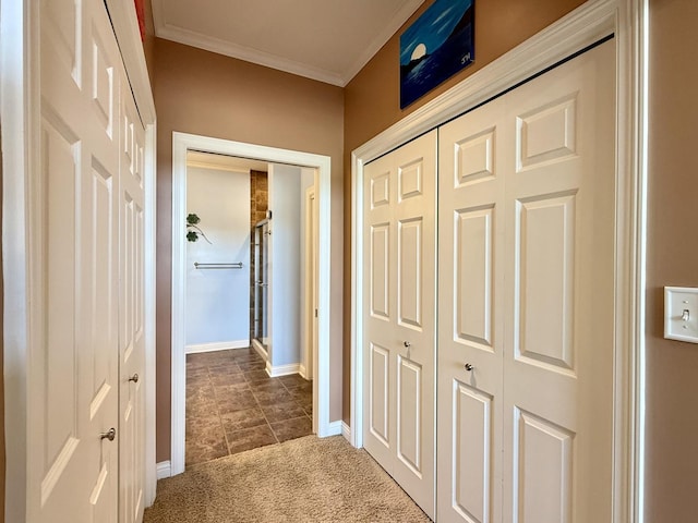 160 S River St Unit 204, Aurora, IL 60506 - hall featuring ornamental molding, dark carpet, and dark tile patterned floors