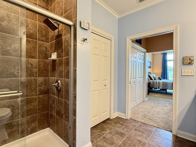 160 S River St Unit 204, Aurora, IL 60506 - full bath with crown molding, a stall shower, connected bathroom, a closet, and tile patterned floors