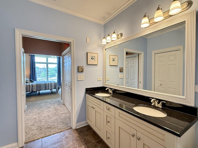 160 S River St Unit 204, Aurora, IL 60506 - bathroom featuring double vanity, tile patterned flooring, connected bathroom, and crown molding