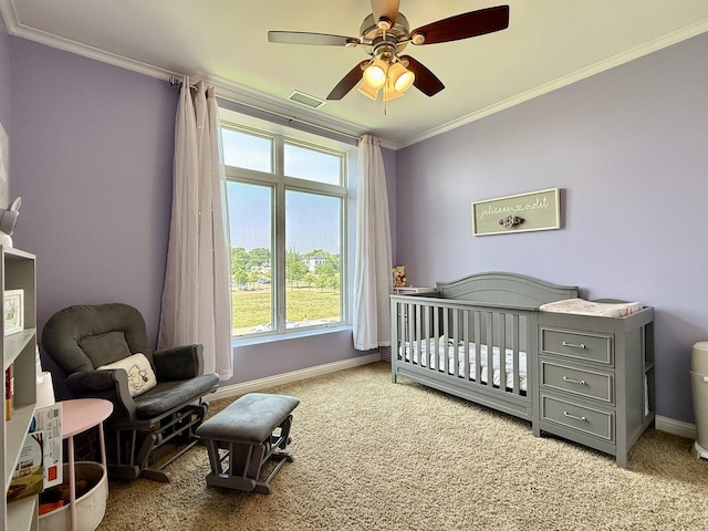160 S River St Unit 204, Aurora, IL 60506 - bedroom with ornamental molding, multiple windows, carpet floors, a nursery area, and ceiling fan
