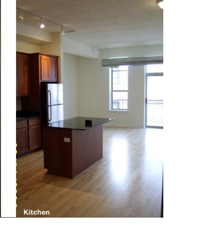 1919 S Michigan Ave Unit 412, Chicago, IL 60616 - kitchen featuring freestanding refrigerator, track lighting, dark countertops, light wood-style floors, and a kitchen island