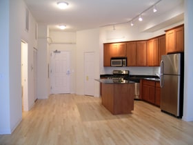 1919 S Michigan Ave Unit 412, Chicago, IL 60616 - kitchen with stainless steel appliances, a center island, light wood-style flooring, dark countertops, and brown cabinetry