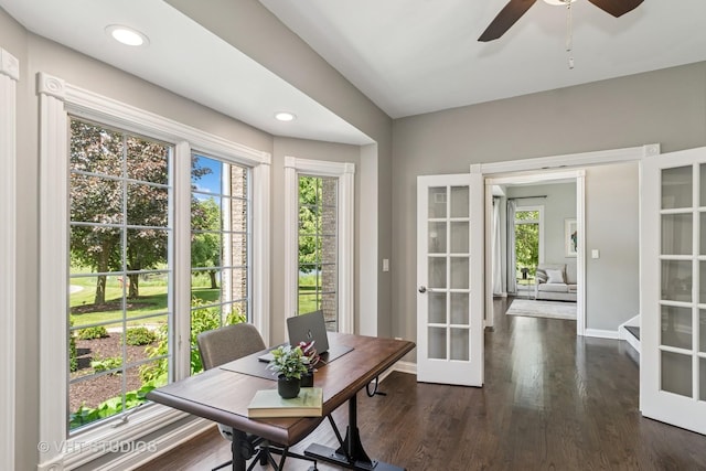 2 E Prairie Ct, Hawthorn Woods, IL 60047 - office area with french doors, healthy amount of natural light, dark wood-type flooring, ceiling fan, and recessed lighting