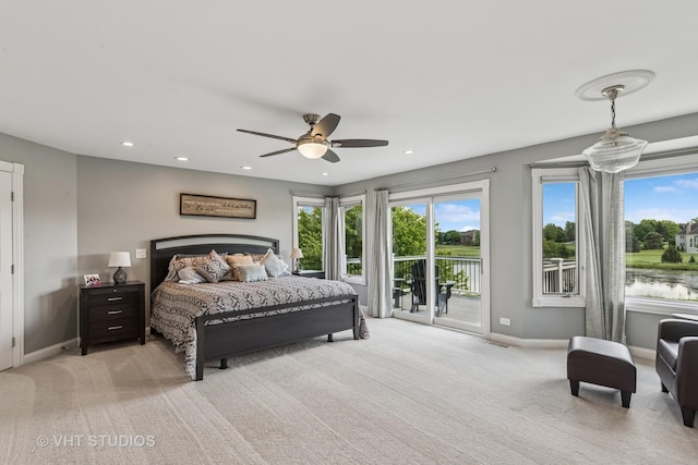 2 E Prairie Ct, Hawthorn Woods, IL 60047 - bedroom with light carpet, access to exterior, multiple windows, recessed lighting, and a ceiling fan