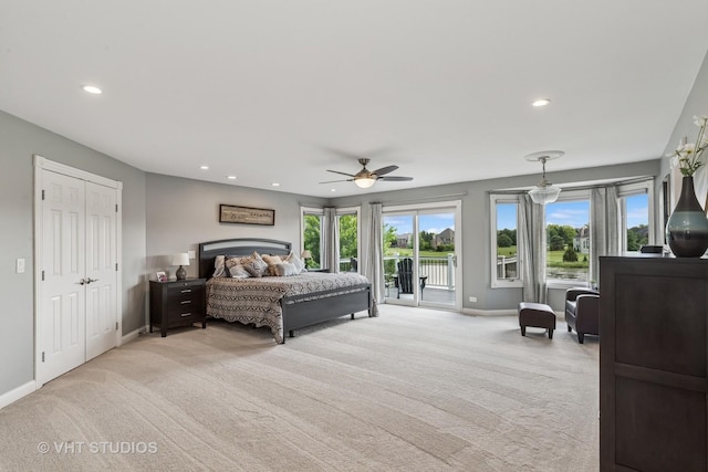 2 E Prairie Ct, Hawthorn Woods, IL 60047 - bedroom featuring light colored carpet, access to exterior, recessed lighting, and a ceiling fan