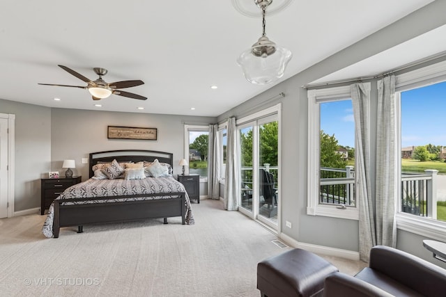 2 E Prairie Ct, Hawthorn Woods, IL 60047 - bedroom with access to exterior, light colored carpet, recessed lighting, and a ceiling fan