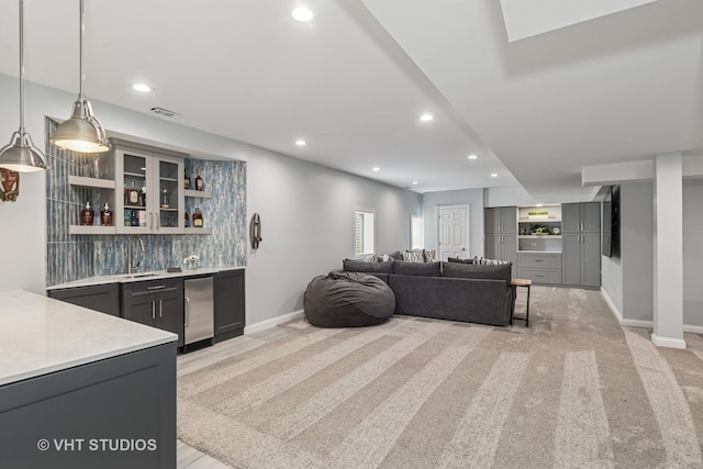 2 E Prairie Ct, Hawthorn Woods, IL 60047 - living room featuring bar with sink, recessed lighting, and light colored carpet