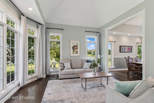 2 E Prairie Ct, Hawthorn Woods, IL 60047 - living room with lofted ceiling, dark wood-style floors, and recessed lighting
