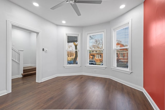 6920 S Laflin St, Chicago, IL 60636 - empty room featuring a ceiling fan, dark wood finished floors, stairway, and recessed lighting