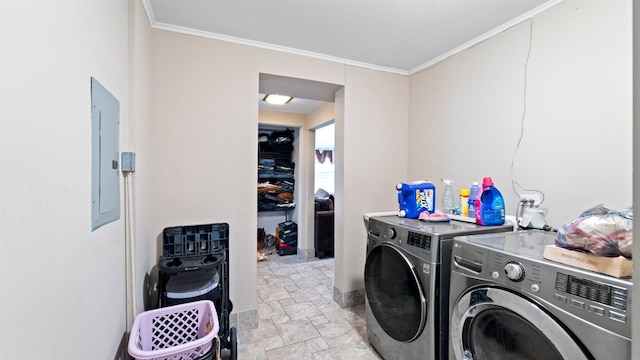 36 Monee Rd, Park Forest, IL 60466 - laundry area featuring washing machine and clothes dryer, electric panel, stone finish flooring, and ornamental molding