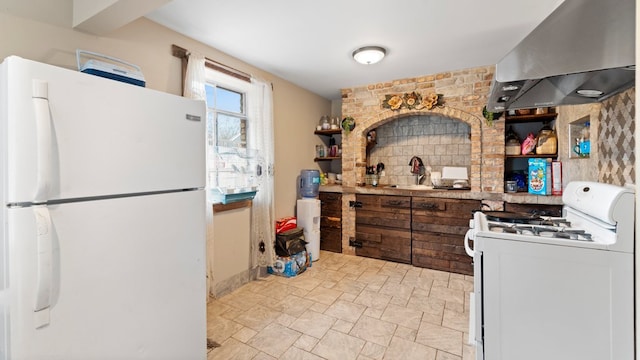 36 Monee Rd, Park Forest, IL 60466 - kitchen featuring white appliances, exhaust hood, and light stone finish floors
