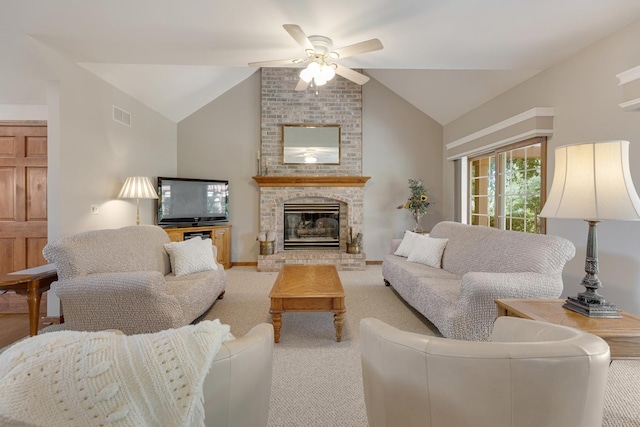 2251 Sutton Dr, South Elgin, IL 60177 - living area with a ceiling fan, vaulted ceiling, a fireplace, and light colored carpet