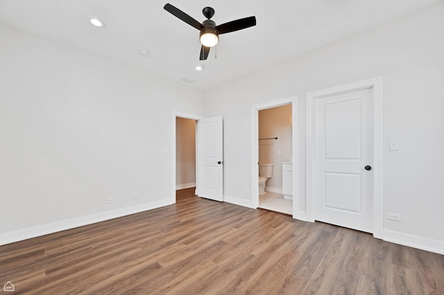 4435 S Prairie Ave, Chicago, IL 60653 - unfurnished bedroom featuring wood finished floors, ensuite bath, recessed lighting, and ceiling fan