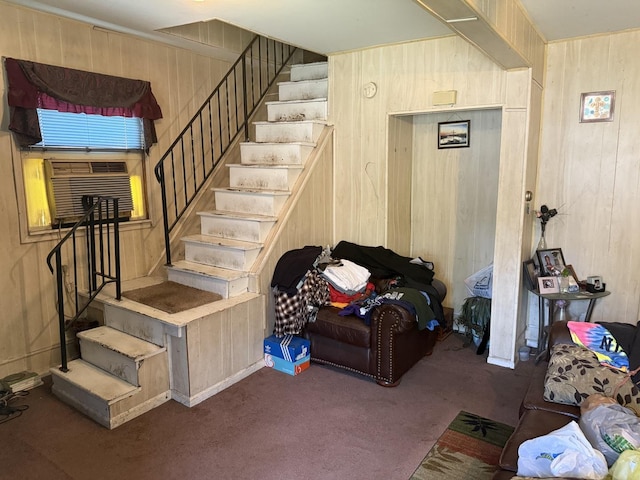 526 Gardner St, Joliet, IL 60433 - stairs featuring wooden walls, carpet flooring, and cooling unit